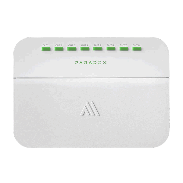 Modulo expansor inalámbrico Paradox con 8 salidas programables de hasta 24V/1A cada una, control manual por salida, respaldo con batería de litio recargable de 5000 mAh (hasta 10 días), sensor de temperatura. (M25) (Paradox)