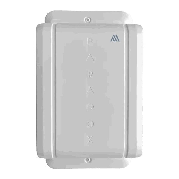Detector de Movimiento inalámbrico para exterior Paradox, con detección en ambos lados, configurable para reportar como unidad única o dual a zonas separadas, control de nivel de sensibilidad, múltiples modos de procesamiento, sensor de temperatura. (M25