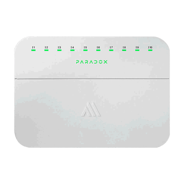 Modulo expansor inalámbrico de 10 zonas Paradox, con entrada 1 configurable como zona de incendio, respaldo de 10 horas con 2 baterías de litio recargables, sensor de temperatura y soporte para entradas con o sin resistencia EOL, sensor de temperatura