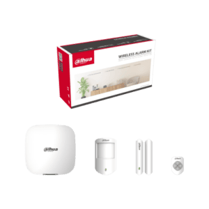 Kit de alarma inalámbrico Dahua ARC3000H con comunicación Ethernet, Wi-Fi y 4G/3G/GPRS, soporte hasta 150 dispositivos RF 433 MHz, cifrado AES128. Incluye hub, detector PIR, sensor de puerta y control remoto.