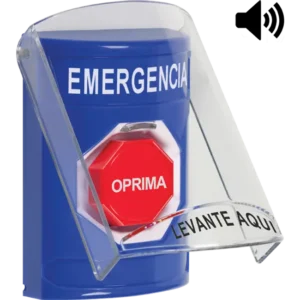 Botón de emergencia, STI, con cubierta de policarbonato, color azul, con sonido integrado, para interiores, SS24A9EM-ES