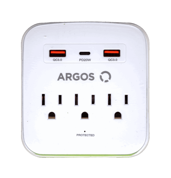 Derivador triple aterrizado, Argos, con 2 cargadores USB tipo A y 1 USB tipo C