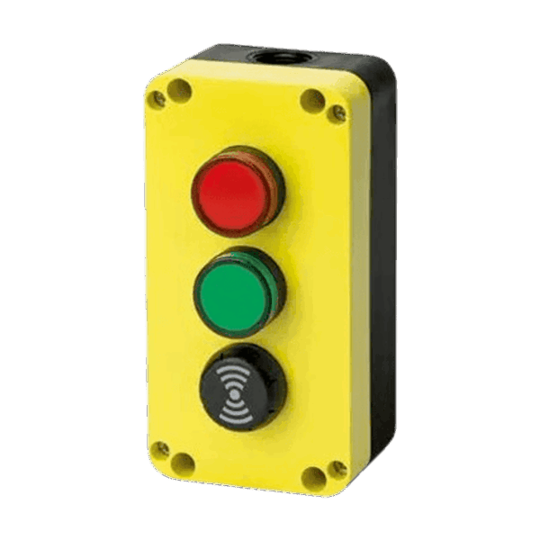 Caja botonera, Eleksteel, 3 orificios, color amarillo