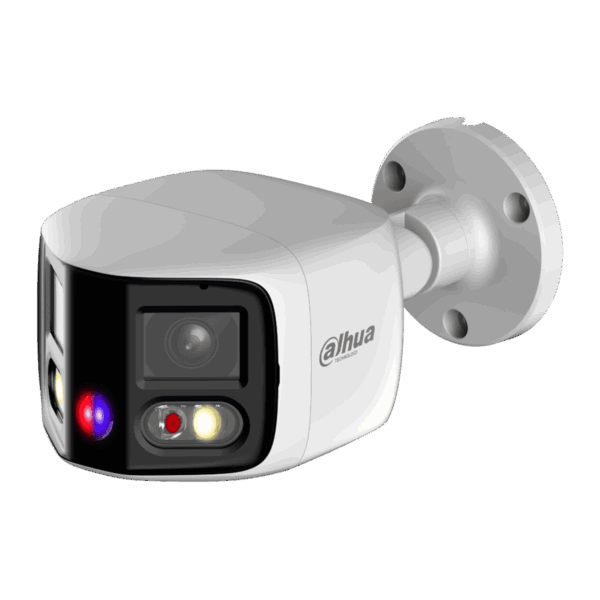 Cámara Bullet Dahua IP, doble lente, 2x4MP, 180°, TIOC, Lente 2.8mm, Led 25m, WDR, SMD 4.0, IP67, WizSense, DH-IPC-PFW3849S-A180-AS-PV