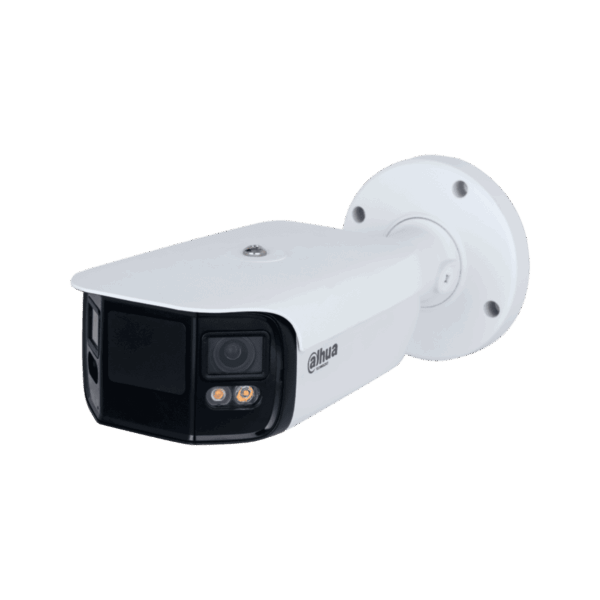 Cámara Bullet Dahua IP, doble lente, 2x4MP, 180°, full color, Lente 3.6mm, led 40m, WDR, SMD Plus, IP67, WizSense Intrusión, cruce de línea, mapa de calor y conteo de personas.