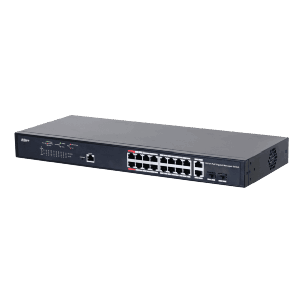 Switch PoE, Dahua, 16 puertos, 2 puertos uplink, 1 Gbps, PoE 2.0, Watchdog, 250m, DH-PFS4218-16GT-230