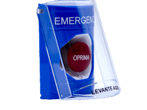 Botón de emergencia, STI, con cubierta, color azul, texto emergencia, SS2421EM-ES