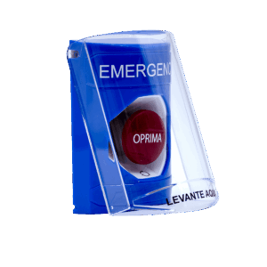 Botón de emergencia, STI, con cubierta, color azul, texto emergencia, SS2421EM-ES