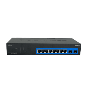 Switch, TRENDnet, 8 puertos Gb, 2 ranuras Gb SFP, capacidad 20Gbps, enrutamiento estático IPv4/IPv6, TEG082WSA