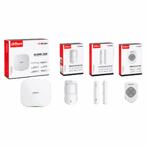 Kit de alarma ARC3000H, Dahua, inalámbrico, Ethernet, Wi-Fi y 4G/3G/GPRS, soporte hasta 150 dispositivos RF 433 MHz, cifrado AES128. Incluye hub, detector PIR, sensor de puerta y control remoto, DHI-ART-ARC3000H-03-FW2